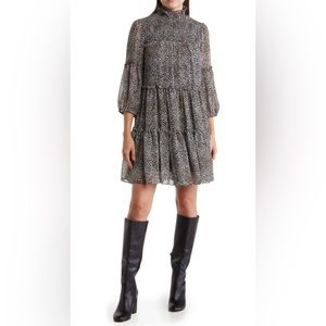 Leopard Print Long Sleeve Babydoll Dress